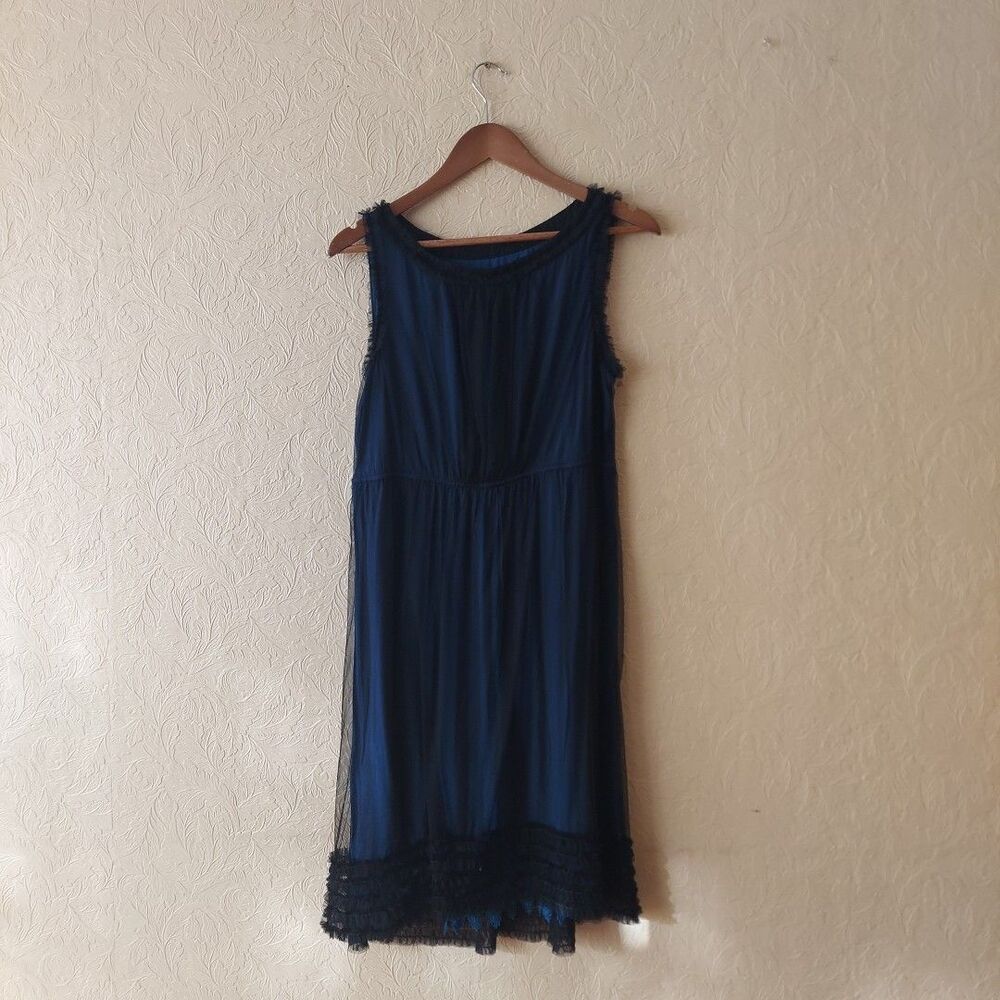 Moulinette Soeurs Blue Black Sleeveless Dress Mesh Ruffle Knee Length Sz Medium